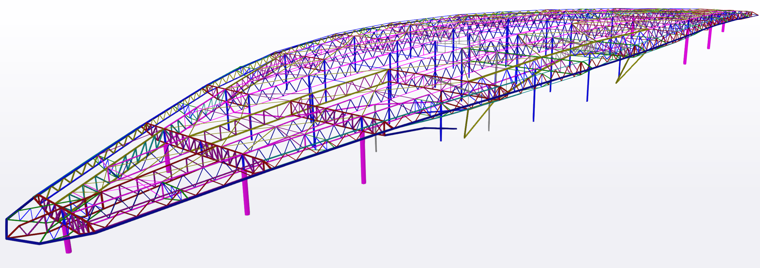 Structural analysis model of the Baiada Oakburn administration building's curved steel truss roof