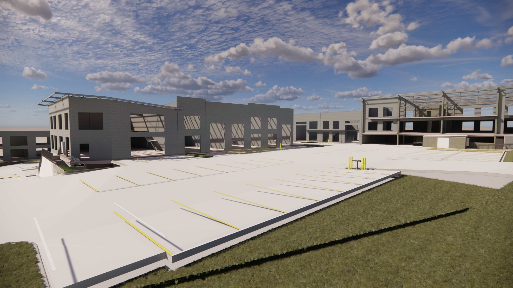 Render of the Bellwood Road industrial estate, tilt-panel and steel-framed warehouse buildings around a large concrete hardstand