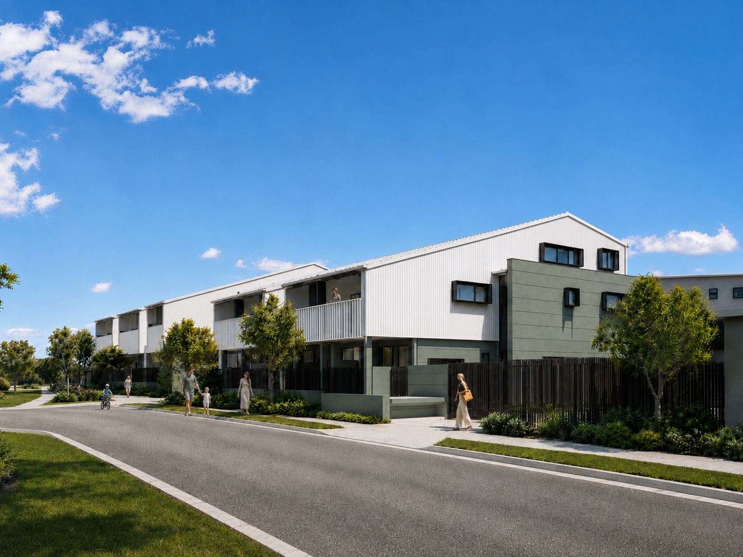 Render of the BHC Banya townhouses, two-storey white metal-clad homes with sage-green accent panels along a landscaped street