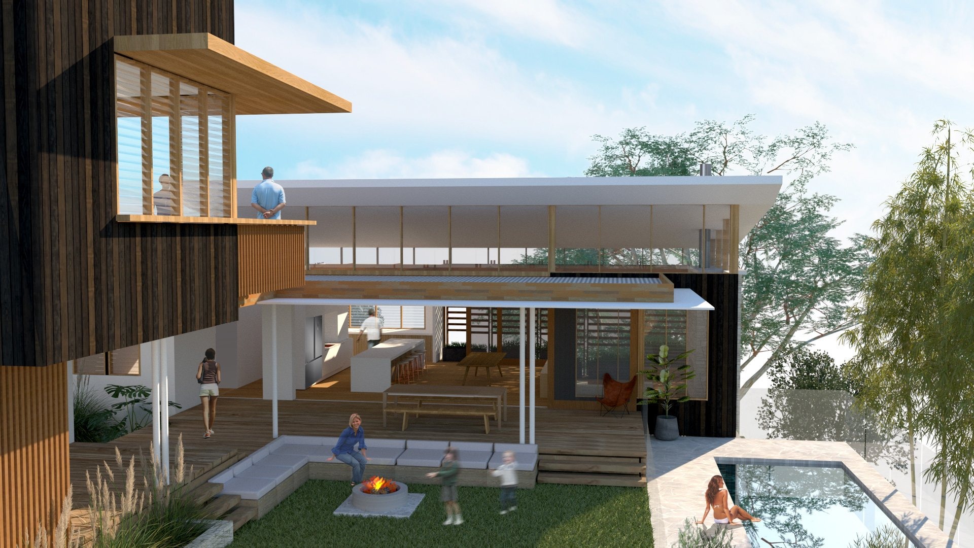 Render of the Billa Street house on a sloping site, a timber-battened tower with a cantilevered viewing deck beside a white flat-roofed pavilion, deck and pool