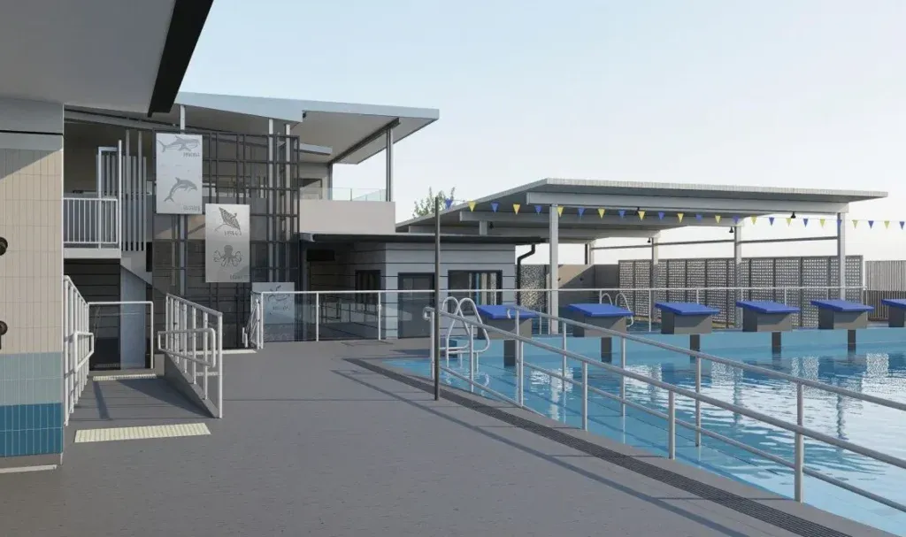 Render of the Grace Lutheran Primary pool, a lap pool with starting blocks and shade roof beside a two-storey amenities building