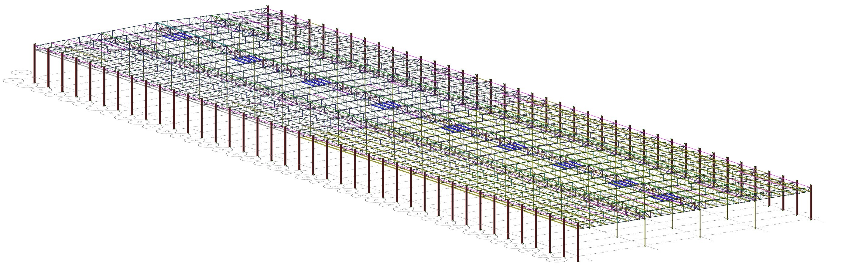 Structural analysis model of the long steel portal frame of the Sandstone Place food-processing facility