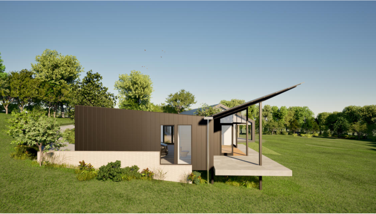 Render of the Saunders Drive secondary dwelling, dark metal cladding over a white masonry base with a skillion roof over a covered deck, in a rural setting