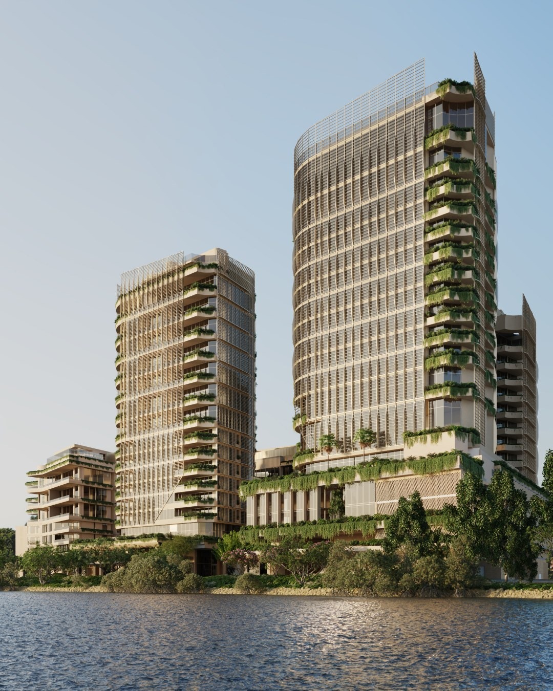 The Teneriffe Banks towers and riverfront podium, balconies planted with greenery, seen from across the Brisbane River